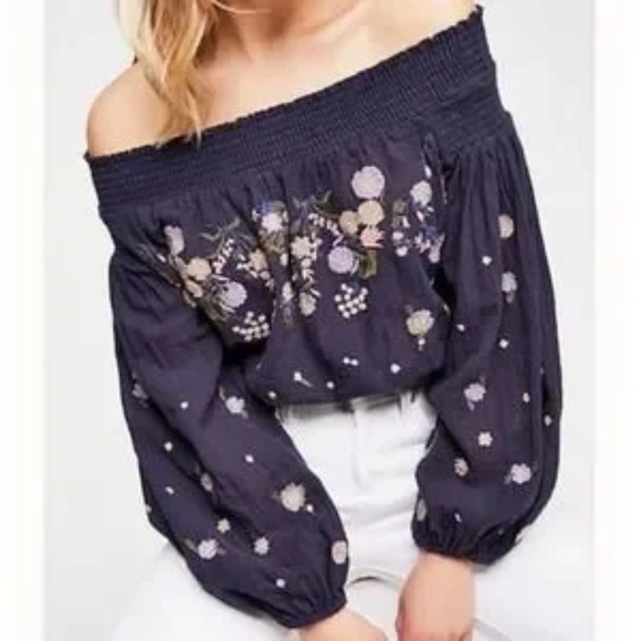 HOST Pick 🎉Free People Saachi Smocked Off-shoulder Embroidered Floral Sleeve Top - Picture 1 of 11